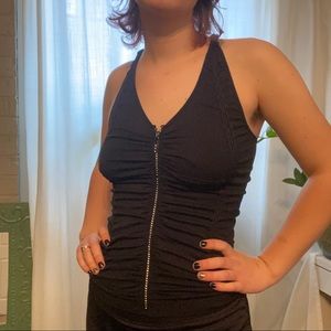 Sparkly tight v neck zip up tank top Y2K